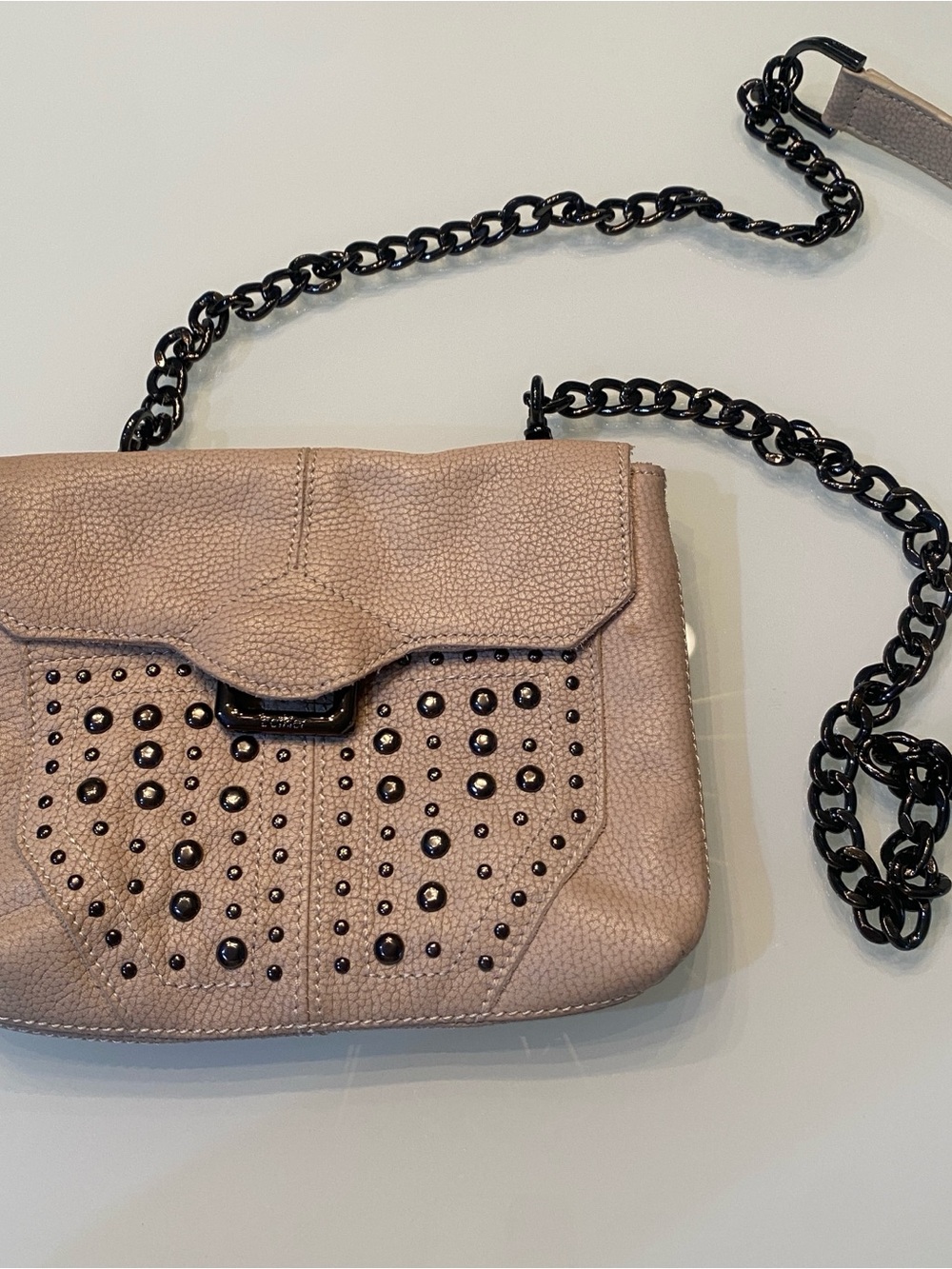 Botkier Taupe Beige Pebbled Leather Studded Flap Crossbody Bag Chain Strap